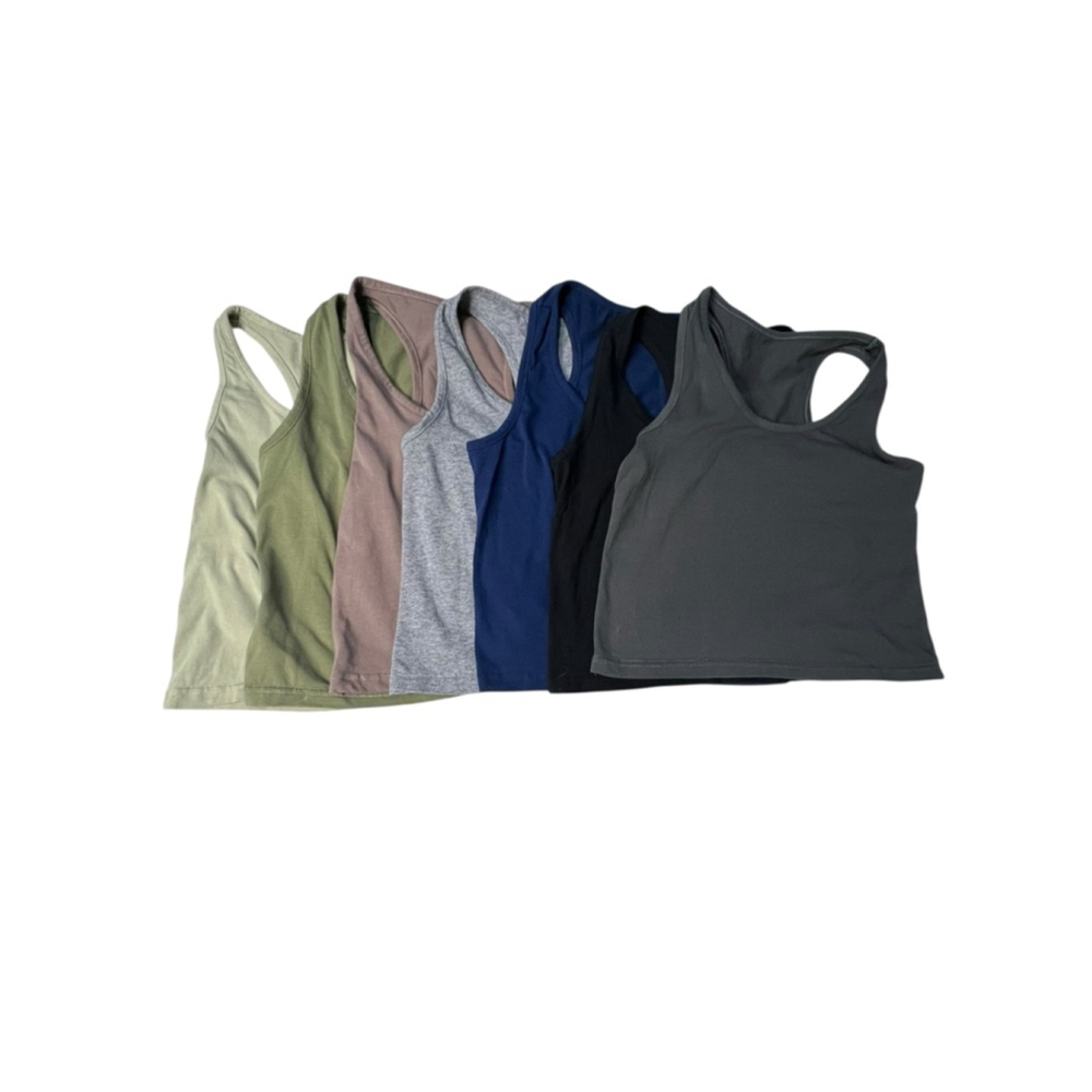 Bundle Of Seven Cropped Razorback Basic Solid Neutral Colored Tank Tops